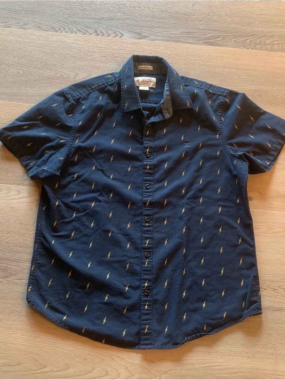 Original Penguin Navy Short-Sleeve Button-Down with Gold Lightning Print